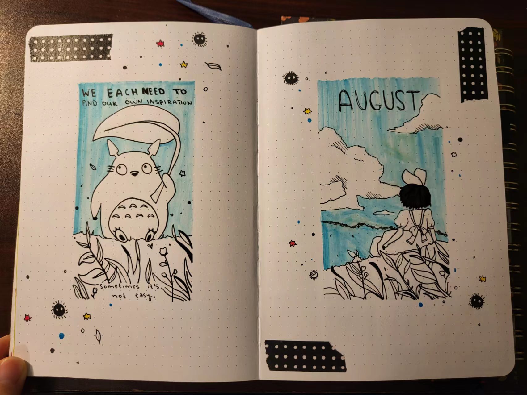 A picture of a Studio Ghibli themed August bullet journal page. The left page has a drawing of Totoro and a quote that says 'We each need to find our own inspiration. The right page is a drawing of Kiki looking down from a hill.'