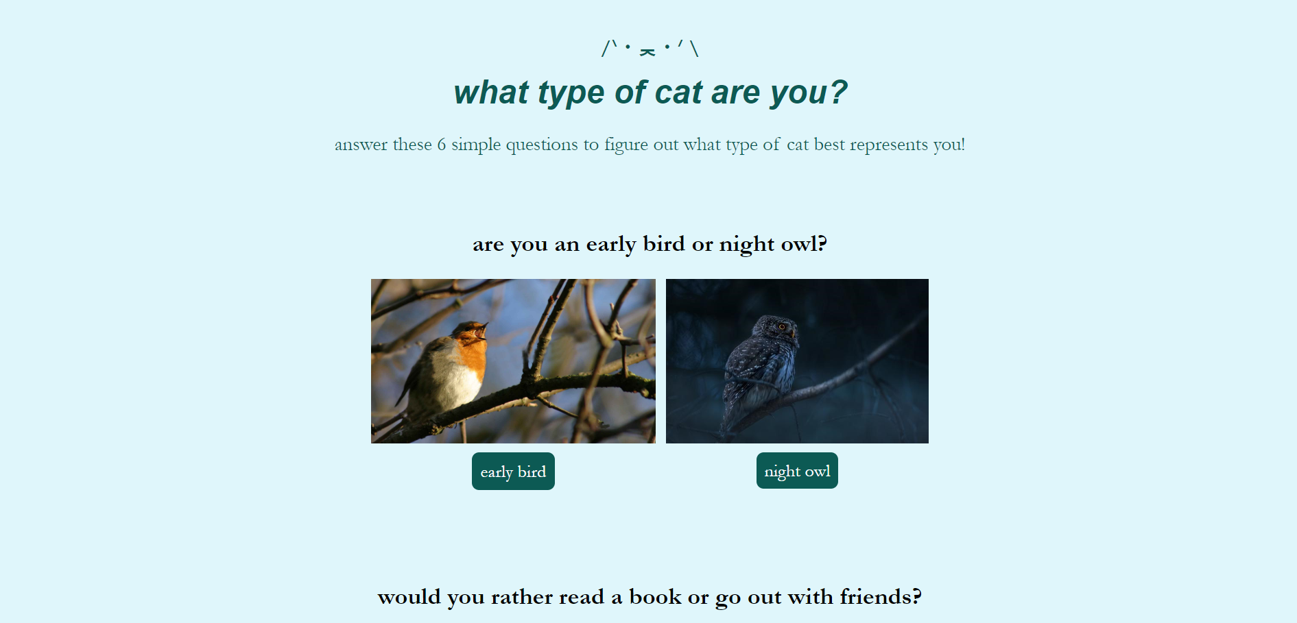 a screenshot of my personality quiz page. the background is light blue.